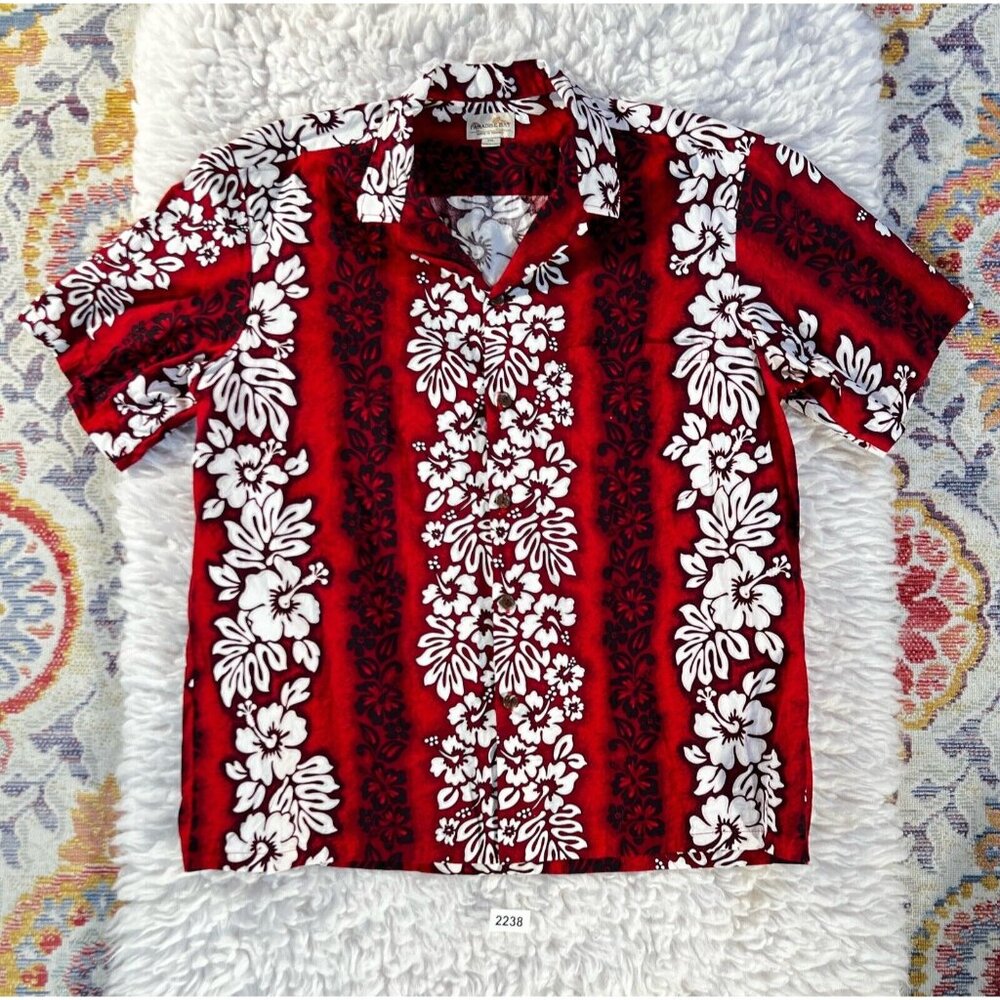Vintage Paradise Bay Men's Hawaiian Shirt Lg Red Button Down 100% Cotton